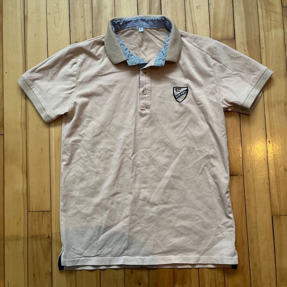 Diesel Short Sleeve Polo Shirt Tan Mens Size L Logo Patch Casual